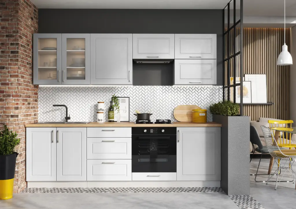 Cuisine Natalia grise mate avec meuble pour four encastré - 260 cm