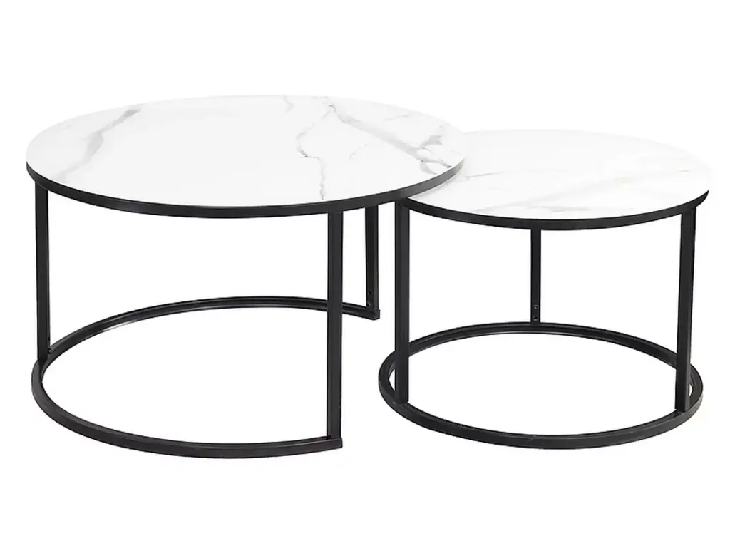 Tables basses Atlanta C - tables gigognes design avec plateau en verre effet marbre blanc et piètement noir mat