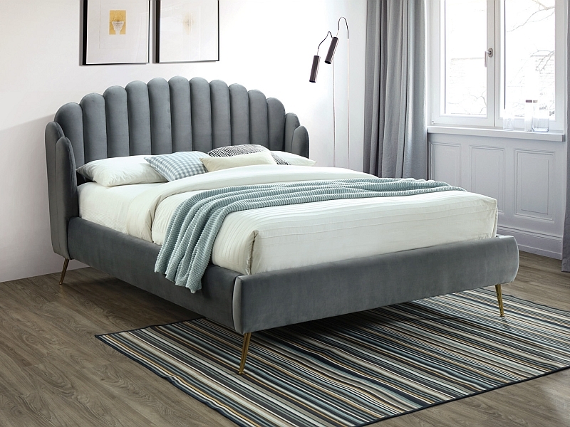 Lit double Calabria 160x200 en velours gris avec sommier à lattes