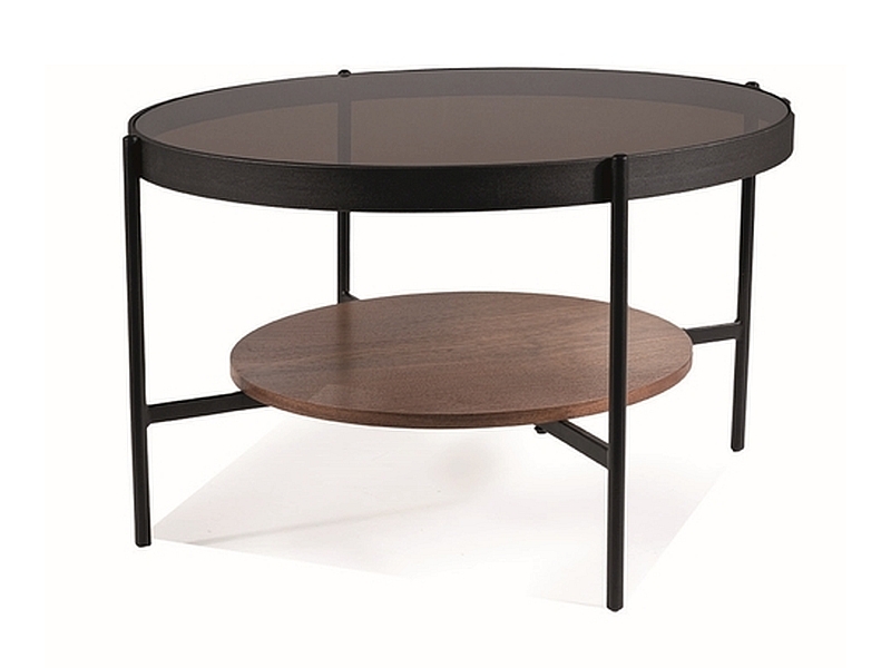 Table basse ronde Prima B d'inspiration rétro avec plateau en verre trempé ambré et étagère