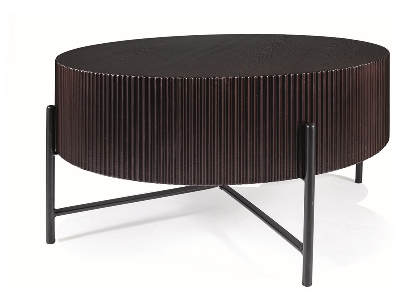 Table basse ronde Tuca rainurée avec placage en bois et piètement métallique