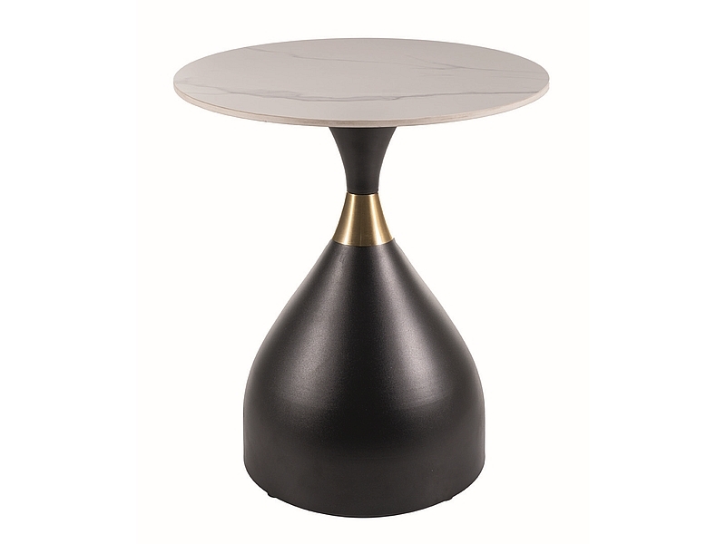 Table basse ronde Virgo en céramique imitation marbre blanc et métal noir mat