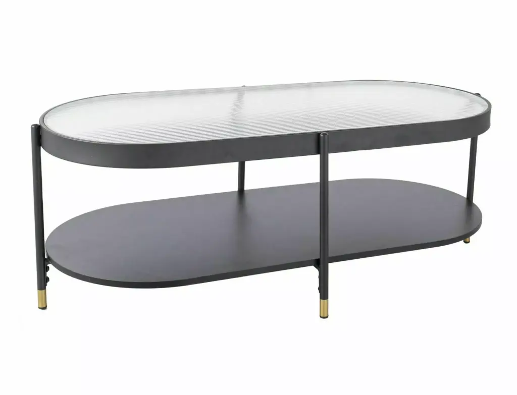 Table basse ovale Laguna B d'inspiration rétro en verre strié et métal noir