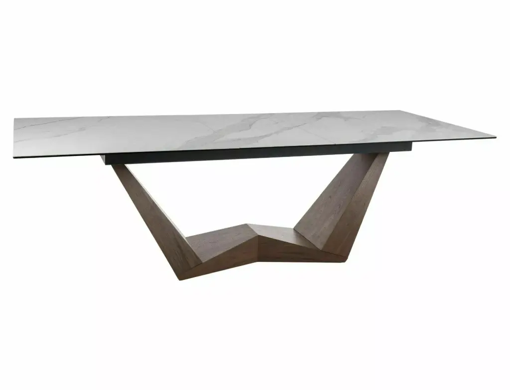 Table extensible Bonucci avec plateau céramique Statuario Venato et piètement sculptural en métal