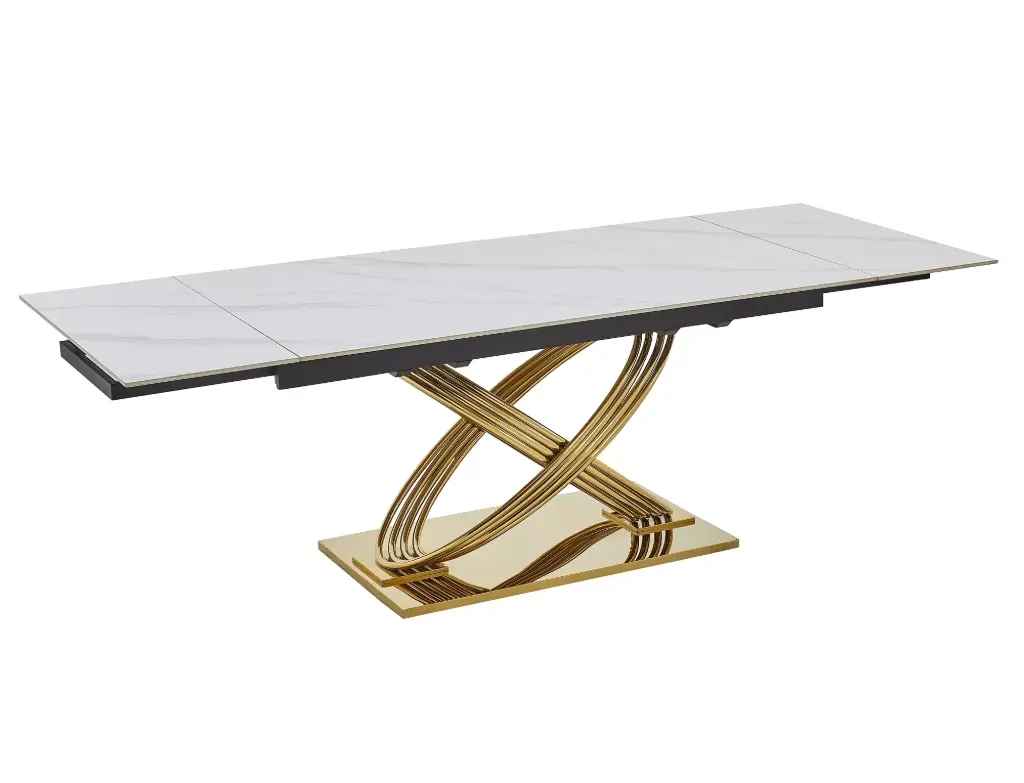 Table de salle à manger extensible Hermes II avec piètement doré à motifs de joncs entrelacés