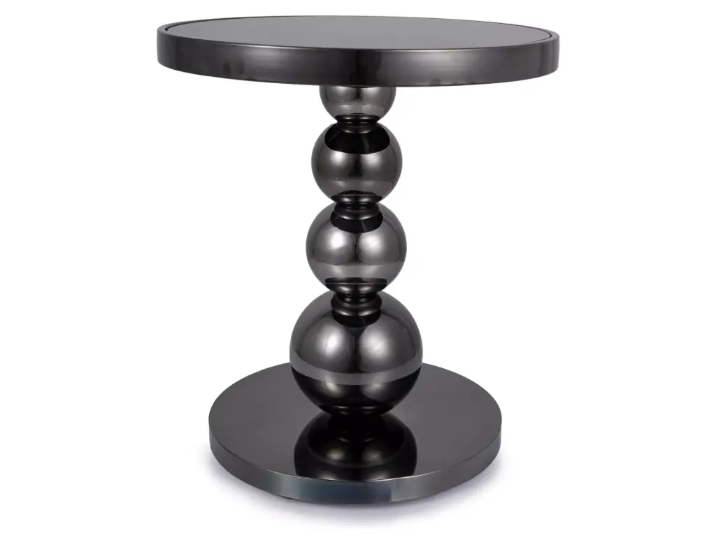 Table basse ronde Rima sur pied à sphères superposées en acier inoxydable brillant