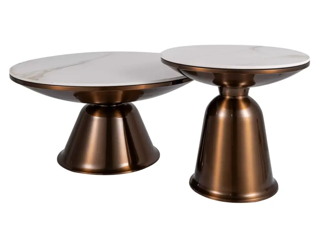 Tables basses rondes Vera en céramique et acier couleur cuivre