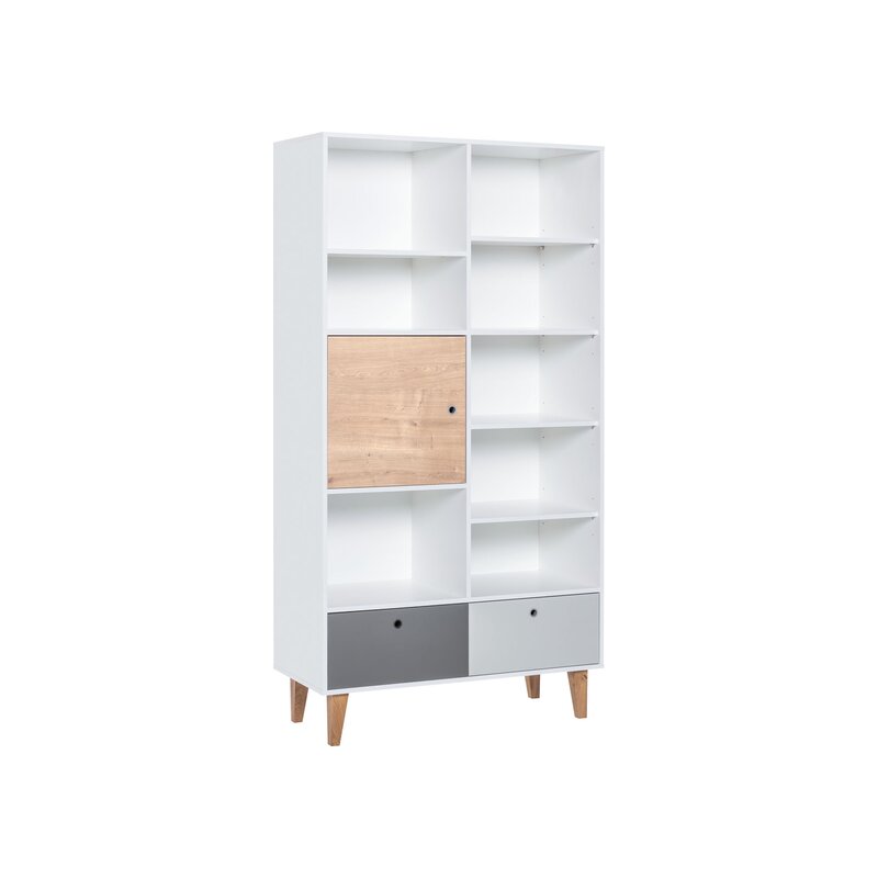 Bibliothèque Concept multicolore avec pieds en frêne et niches, tiroirs et placard