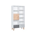 Bibliothèque Concept multicolore avec pieds en frêne et niches, tiroirs et placard