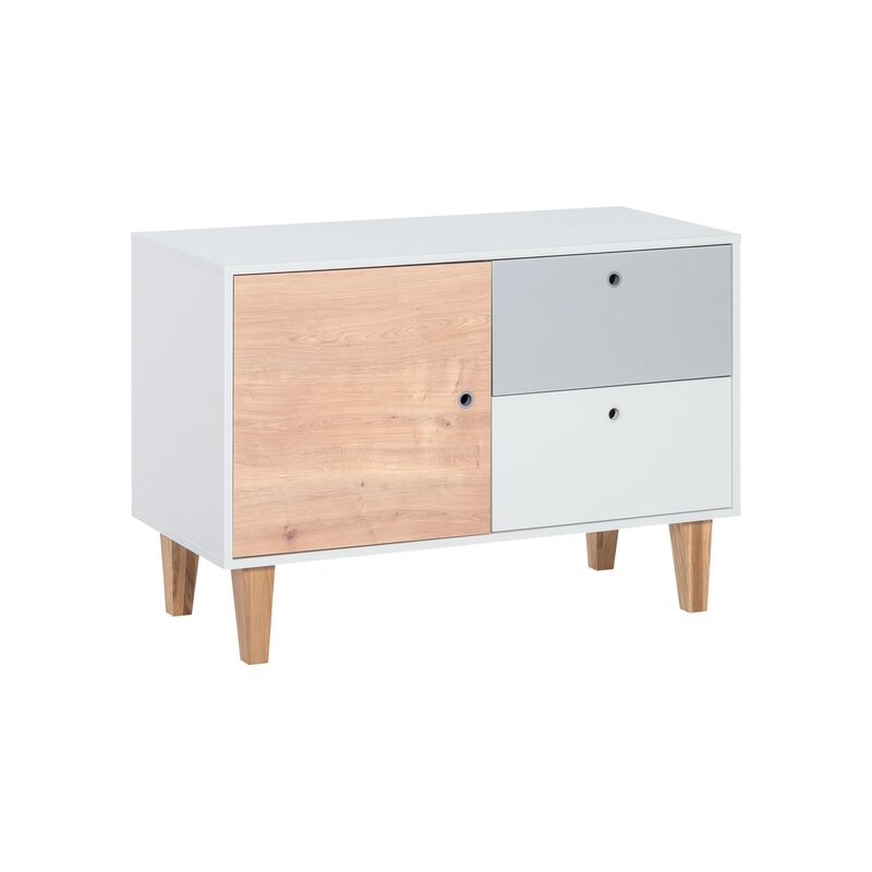 Commode basse Concept multicolore avec pieds en frêne, deux tiroirs et un placard