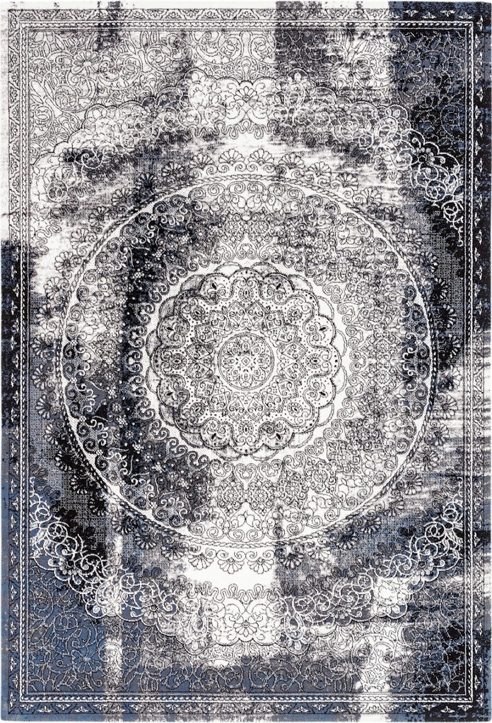 Tapis en laine AGNUS-B CURRUS noir, motif patiné d'inspiration orientale à médaillon central