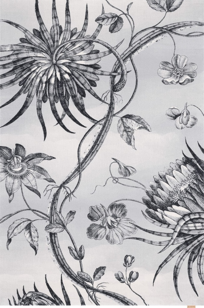 Tapis en laine CALISIA-B TALWIN gris - motif floral design noir et blanc esprit gravure botanique