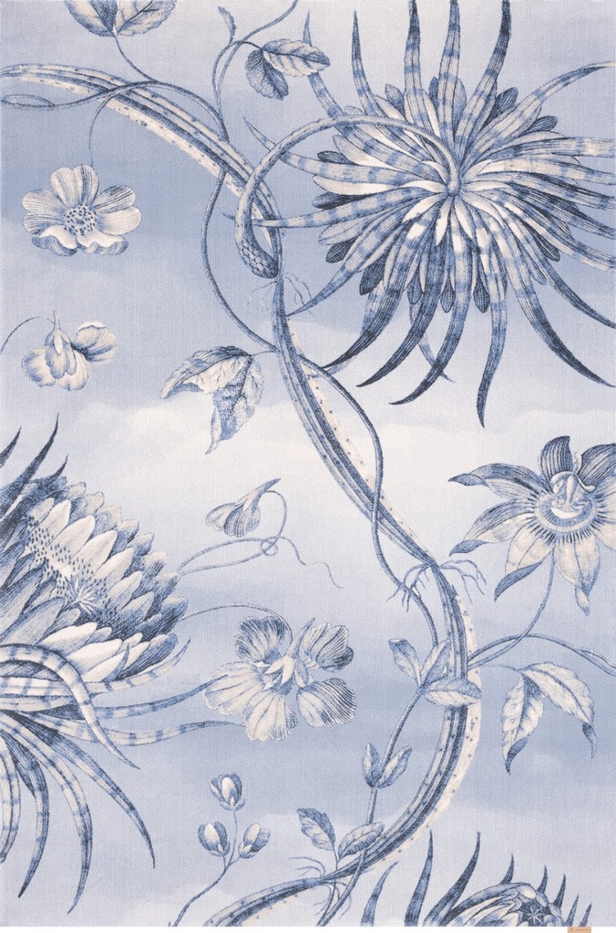 Tapis en laine CALISIA-B TALWIN bleu clair - motif floral design noir et blanc esprit gravure botanique