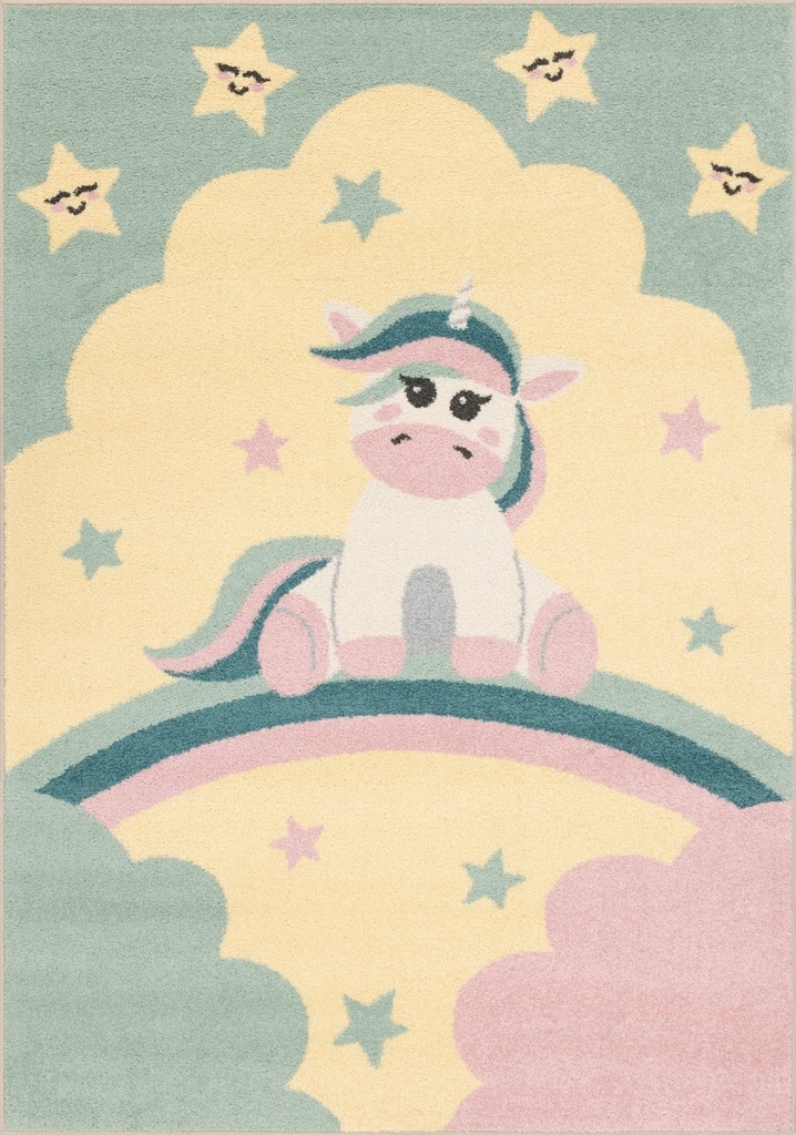Tapis synthétique FUNKY TOP UNICORNO vanille pour chambre d'enfants - motif licorne sur arc-en-ciel magique et étoiles