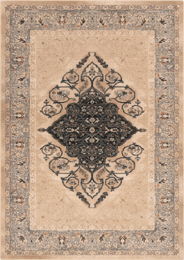 Tapis en laine ISFAHAN BRENDA beige clair, médaillon central et frise florale