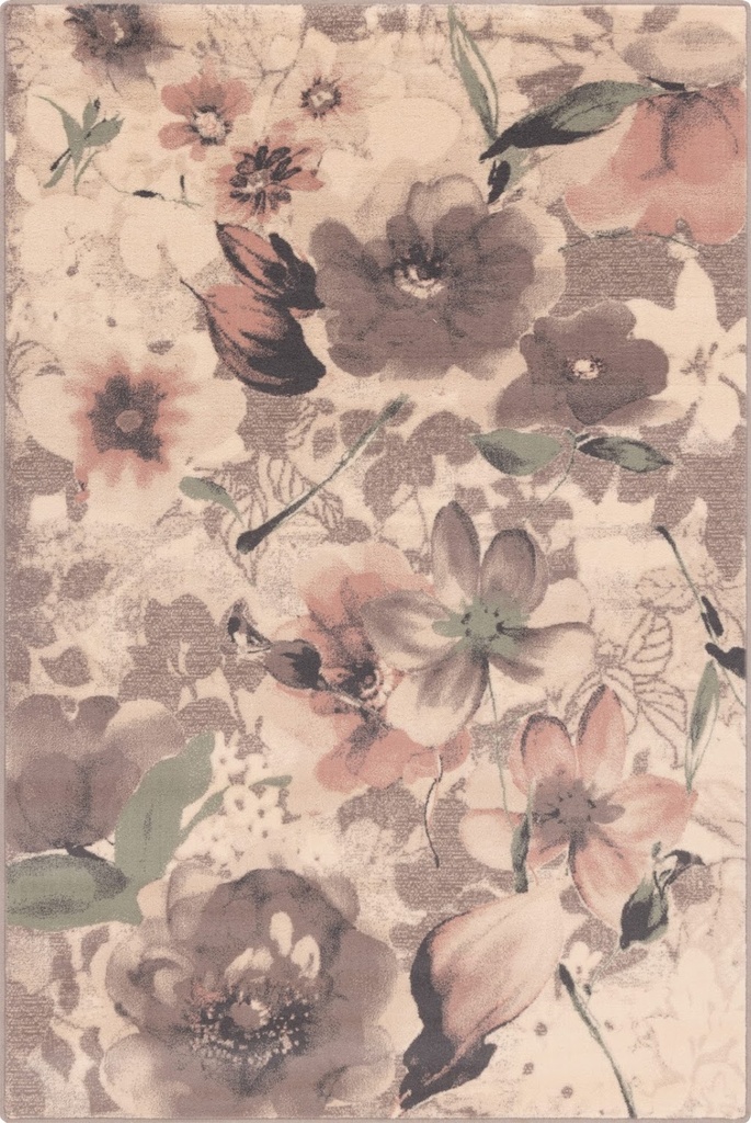 Tapis en laine ISFAHAN MARICA sable, motif contemporain fleuri style aquarelle