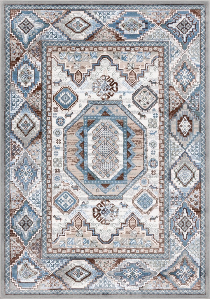 Tapis synthétique LIDA Trato bleu - motif géométrique ethnique à médaillon central