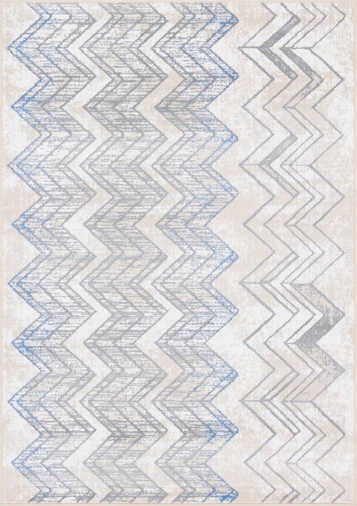 Tapis synthétique LIDA Zig bleu - motif bleu, gris et beige à chevrons