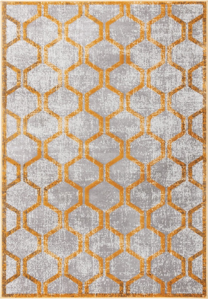 Tapis synthétique SOFT Tehya doré - motif géométrique hexagonal