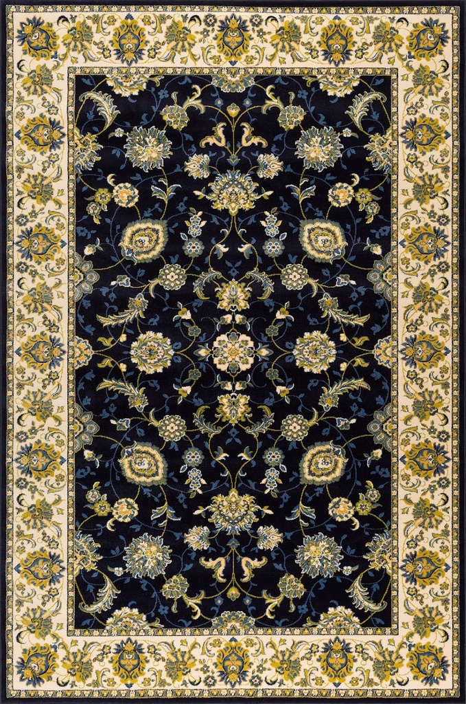 Tapis synthétique STANDARD Nazar bleu - motif floral bleu marine et doré