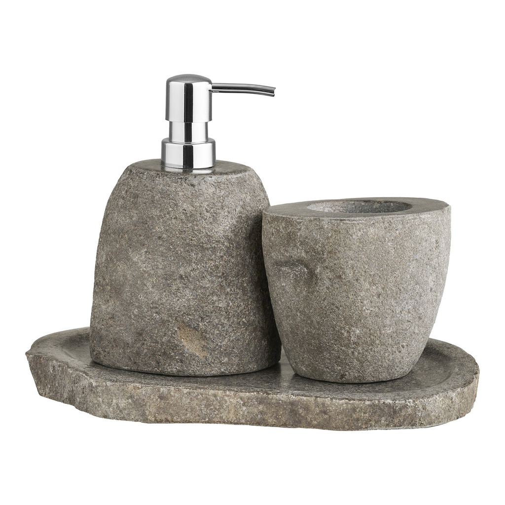 Ensemble de salle de bain Gara: distributeur de savon, gobelet de rangement et plateau en pierre 