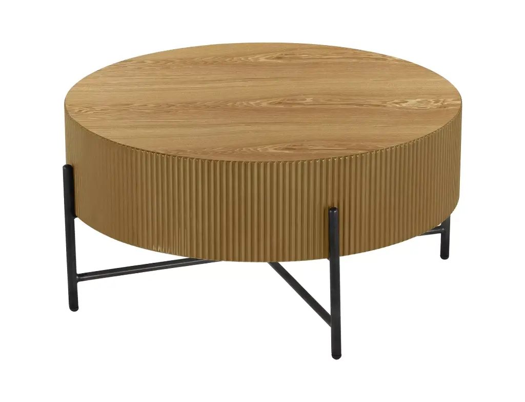 Table basse ronde Tuca rainurée avec placage en bois et piètement métallique