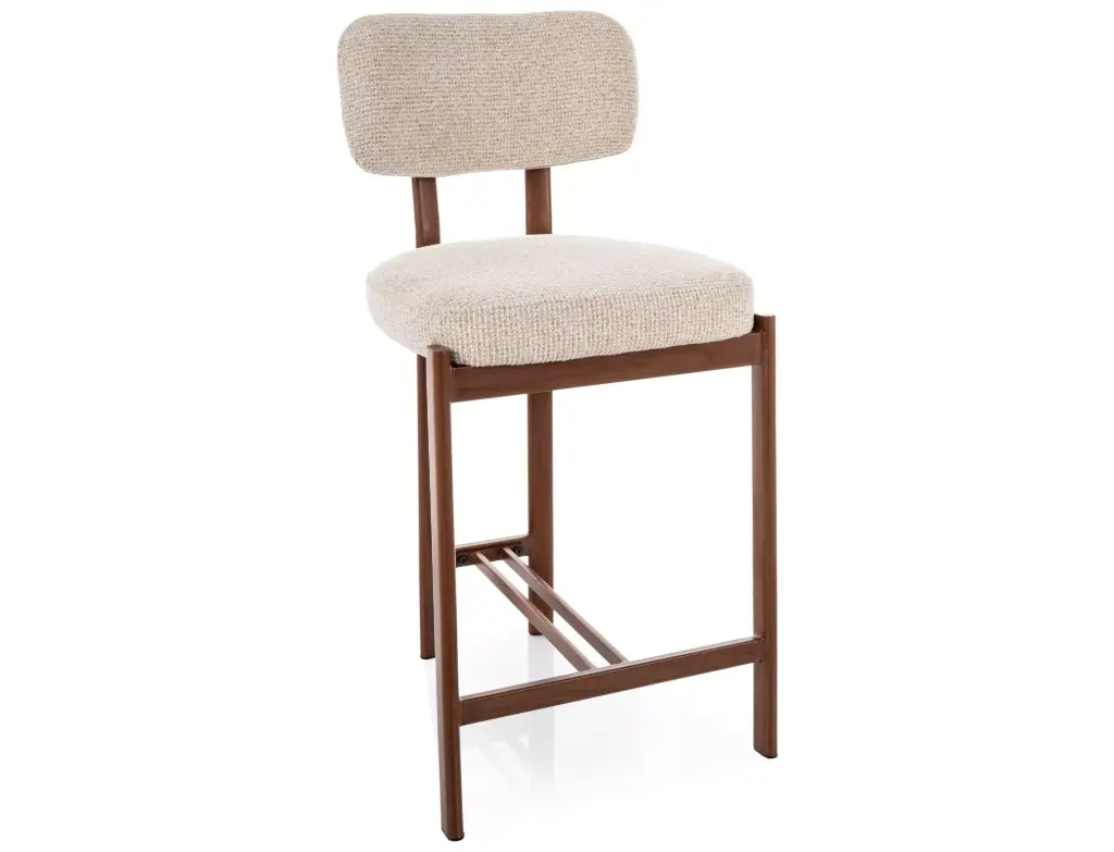 Chaise de bar design Misaki H-2 – dossier incurvé et cadre en métal imitation noyer de style Japandi