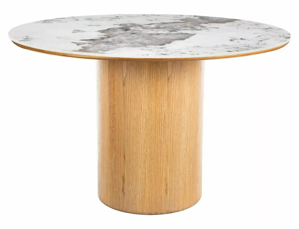 Table de salle à manger ronde Rondo – plateau en céramique Pandoro effet marbre blanc brillant et piètement central cylindrique