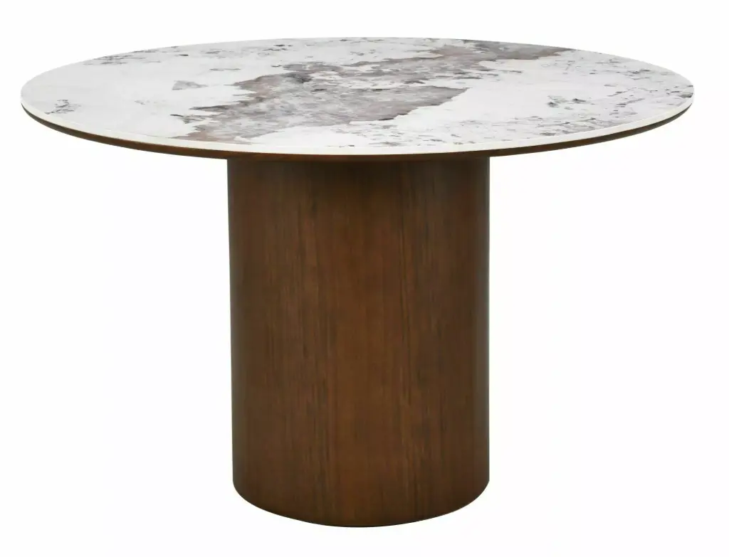 Table de salle à manger ronde Rondo – plateau en céramique Pandoro effet marbre blanc brillant et piètement central cylindrique