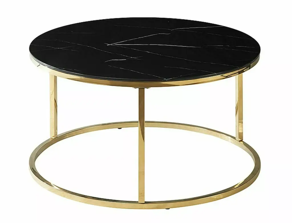 Table basse ronde Sabine en verre trempé imitation marbre et acier inoxydable doré