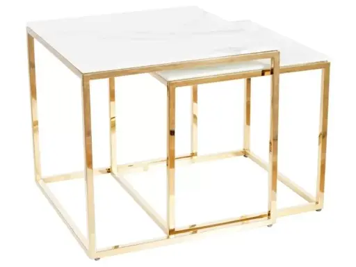 [GLORIAMAZL] Ensemble de tables basses gigognes Gloria en verre trempé imitation marbre blanc et acier inoxydable doré