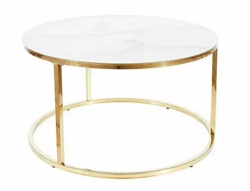 Table basse ronde Sabine en verre imitation marbre et acier inoxydable doré