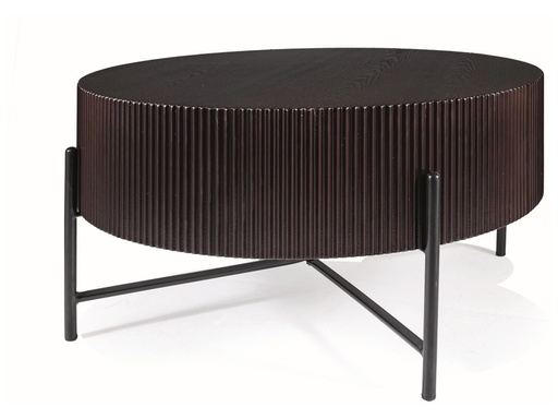 Table basse ronde Tuca rainurée avec placage en bois et piètement métallique