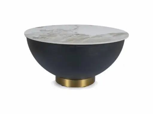 [CYPRUSABC] Table basse ronde Cyprus A de style Antiquité avec piètement en métal et plateau en céramique imitation marbre