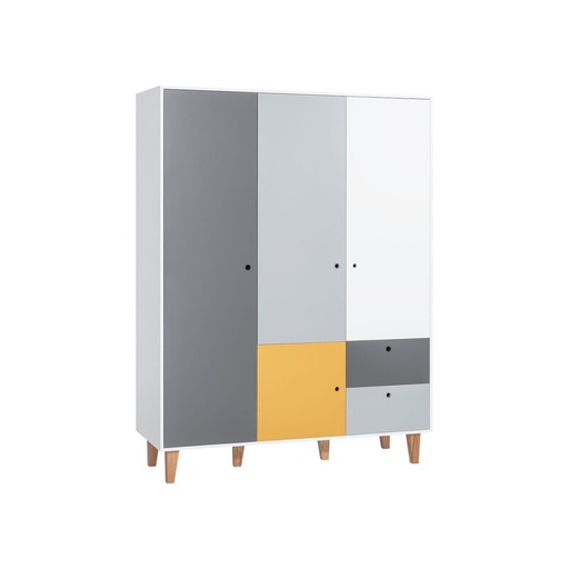 Armoire/penderie Concept multicolore avec pieds en frêne, 3 portes avec étagères et tiroirs