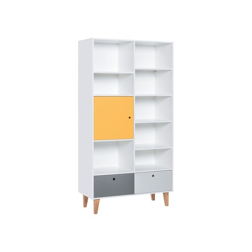 Bibliothèque Concept multicolore avec pieds en frêne et niches, tiroirs et placard
