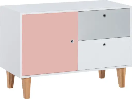 Commode basse Concept multicolore avec pieds en frêne, deux tiroirs et un placard