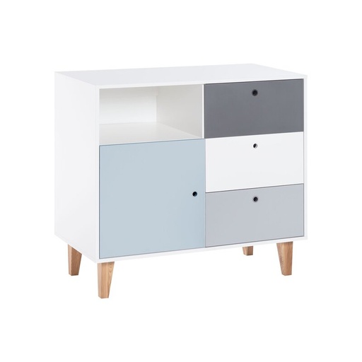 Commode Concept multicolore à trois tiroirs, un placard et une niche