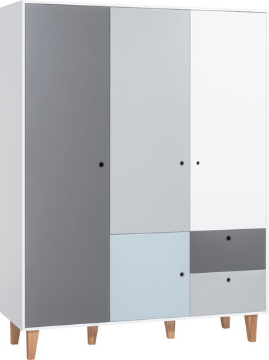 Armoire/penderie Concept multicolore avec pieds en chêne, 3 portes avec étagères et tiroirs