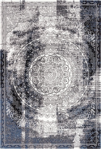 Tapis en laine AGNUS-B CURRUS noir, motif patiné d'inspiration orientale à médaillon central