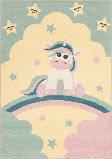 Tapis synthétique FUNKY TOP UNICORNO vanille pour chambre d'enfants - motif licorne sur arc-en-ciel magique et étoiles