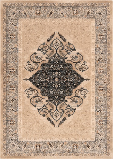 Tapis en laine ISFAHAN BRENDA beige clair, médaillon central et frise florale